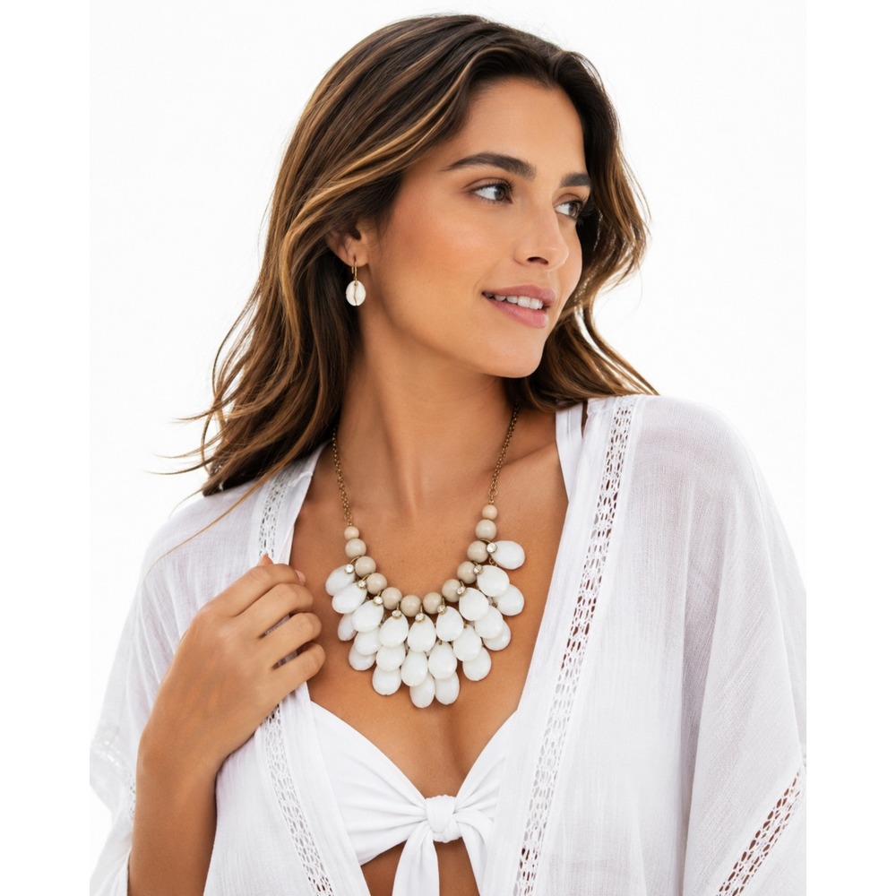 White Teardrop Bib Statement Necklace Tan Beads Brass Tone Rhinestone 103-175